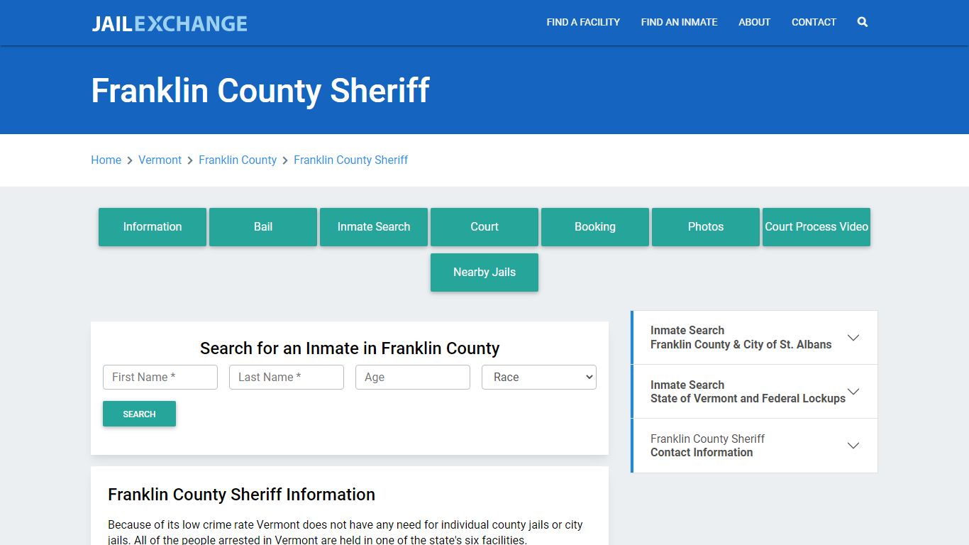 Franklin County Sheriff Roster Lookup, VT, Inmate Search - Jail Exchange